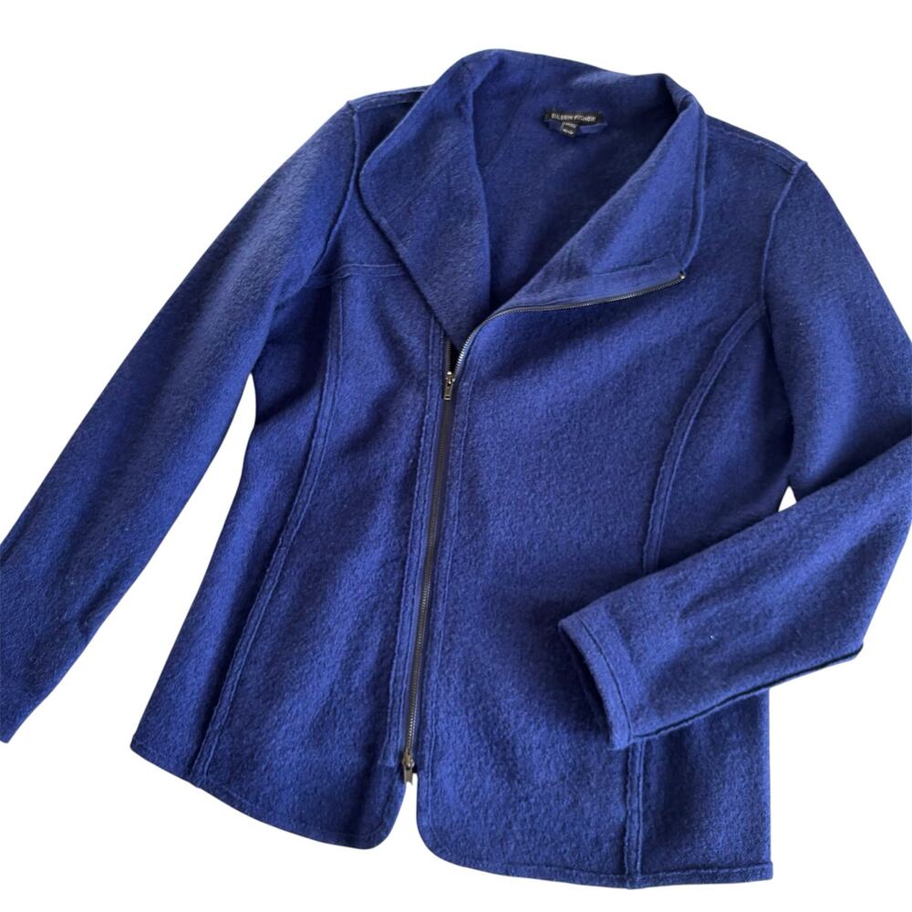 Eileen Fisher Royal Blue Merino Wool Asymmetric Zip Knit Moto Jacket Women’s XS
